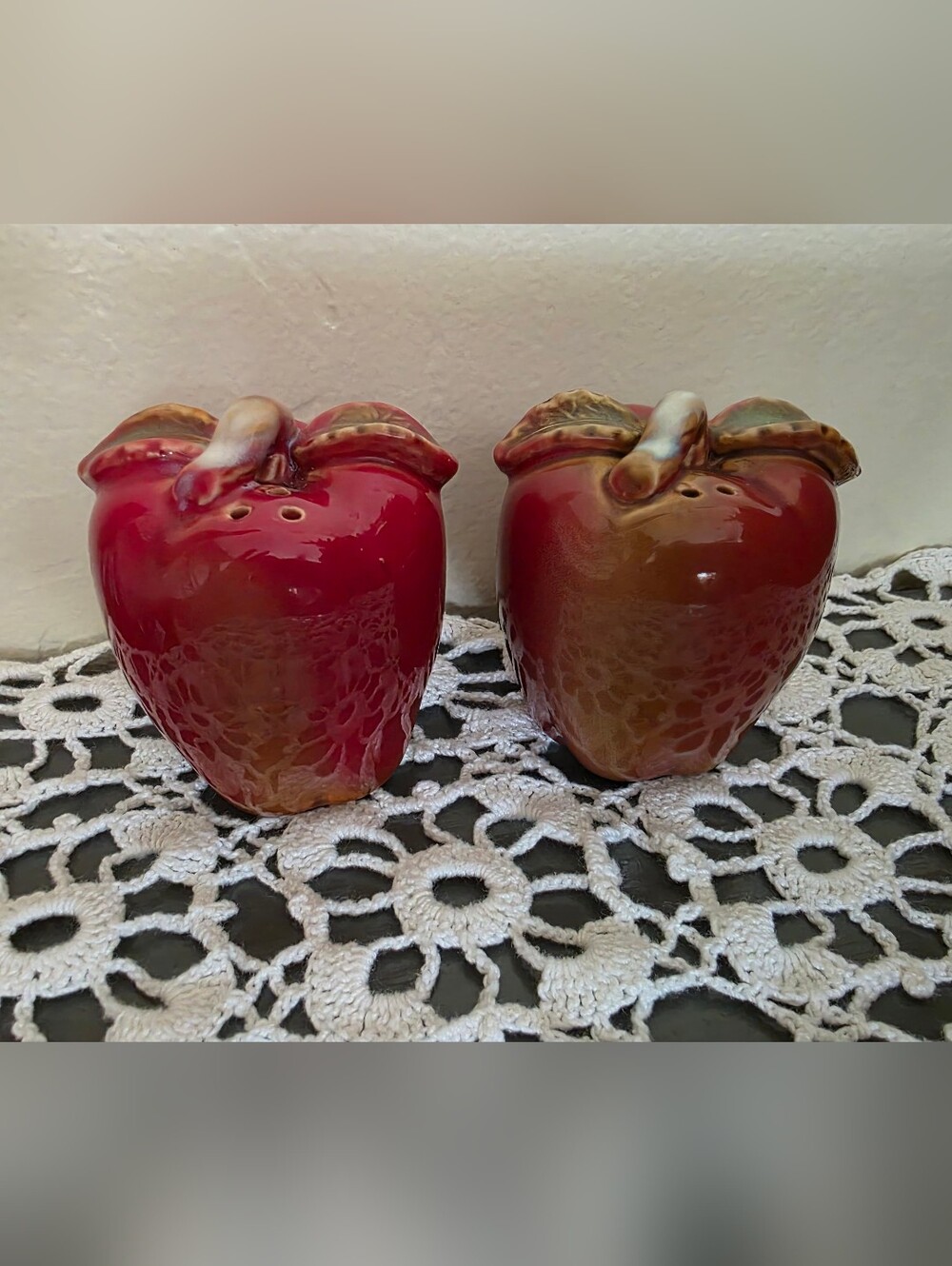 Glazed Ceramic Red Apple Salt and Pepper Shaker Set Cottagecore